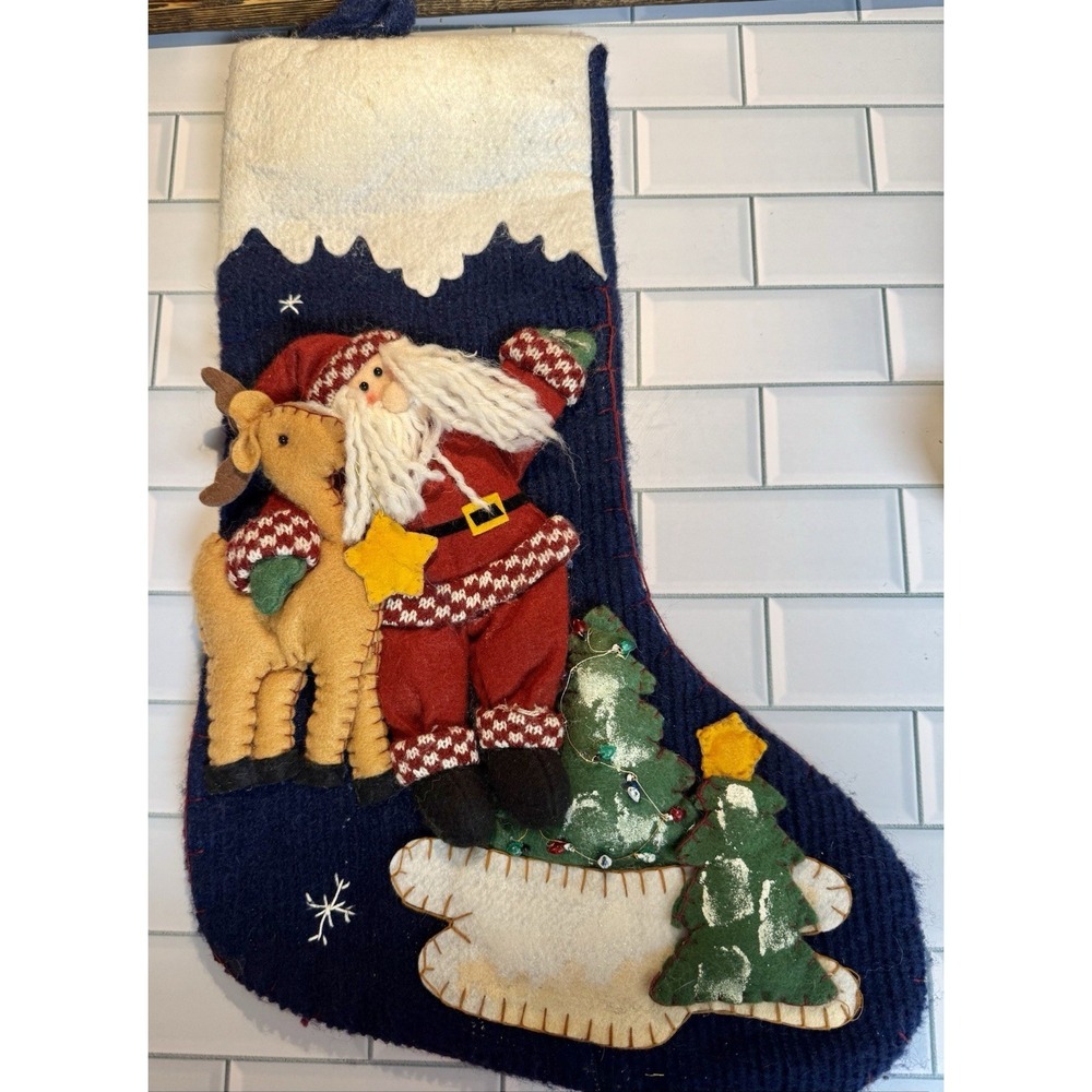 Christmas Stocking.‎ Blue Knit And Santa Reindeer Country Cottage Core Holiday